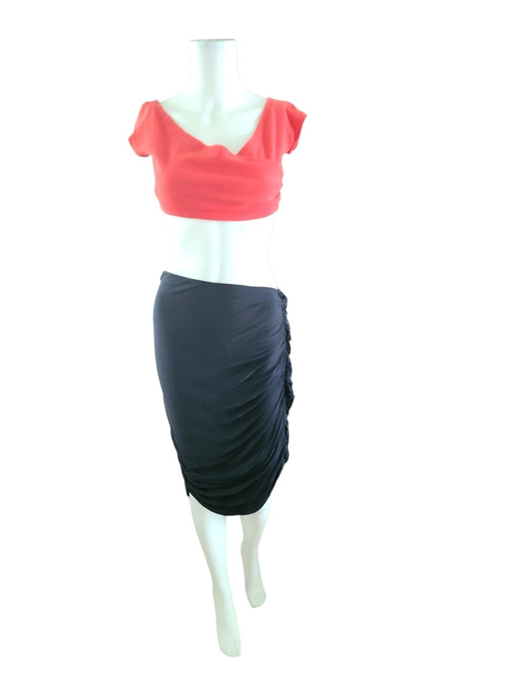 LANVIN Stretchy Ruched & Ruffled Navy Blue Silk & Fine Wool Skirt